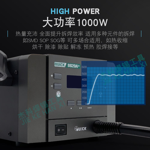 快克QUICK热风枪862DA+ 862DW+数显拆焊台1000W大功率直风/旋转风