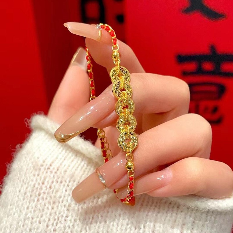 招财进宝好运五帝铜钱沙金手链新中式国风超闪P碎冰冰钱币手绳闺