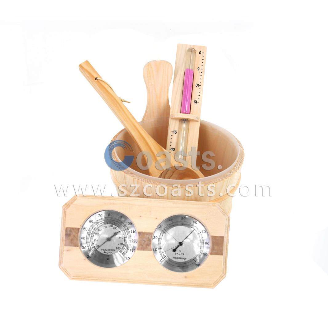 厂家供应白杨木桑拿房双表镭射温湿度计木桶木勺计时沙漏桑拿配件