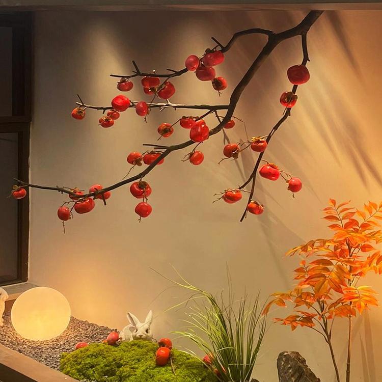 仿真柿子树餐厅饭店天花板吊顶壁挂装饰假树悬挂绿植禅意造景挂件