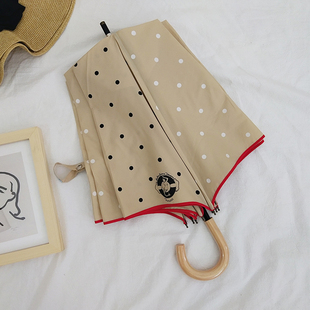 简单好用 奶杏色波点s二折木柄弯钩防风学生少女折叠雨伞