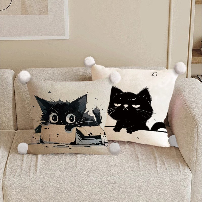 抱枕沙发客厅靠枕床头办公u室车载卡通方可爱黑猫抱枕套含芯靠垫