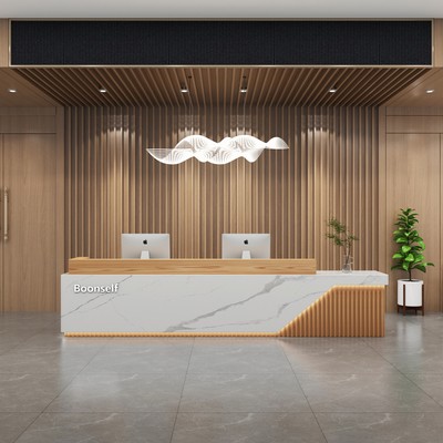 公司酒店大厅前台接待台现代中式收银台原木色美R容院吧台培训机