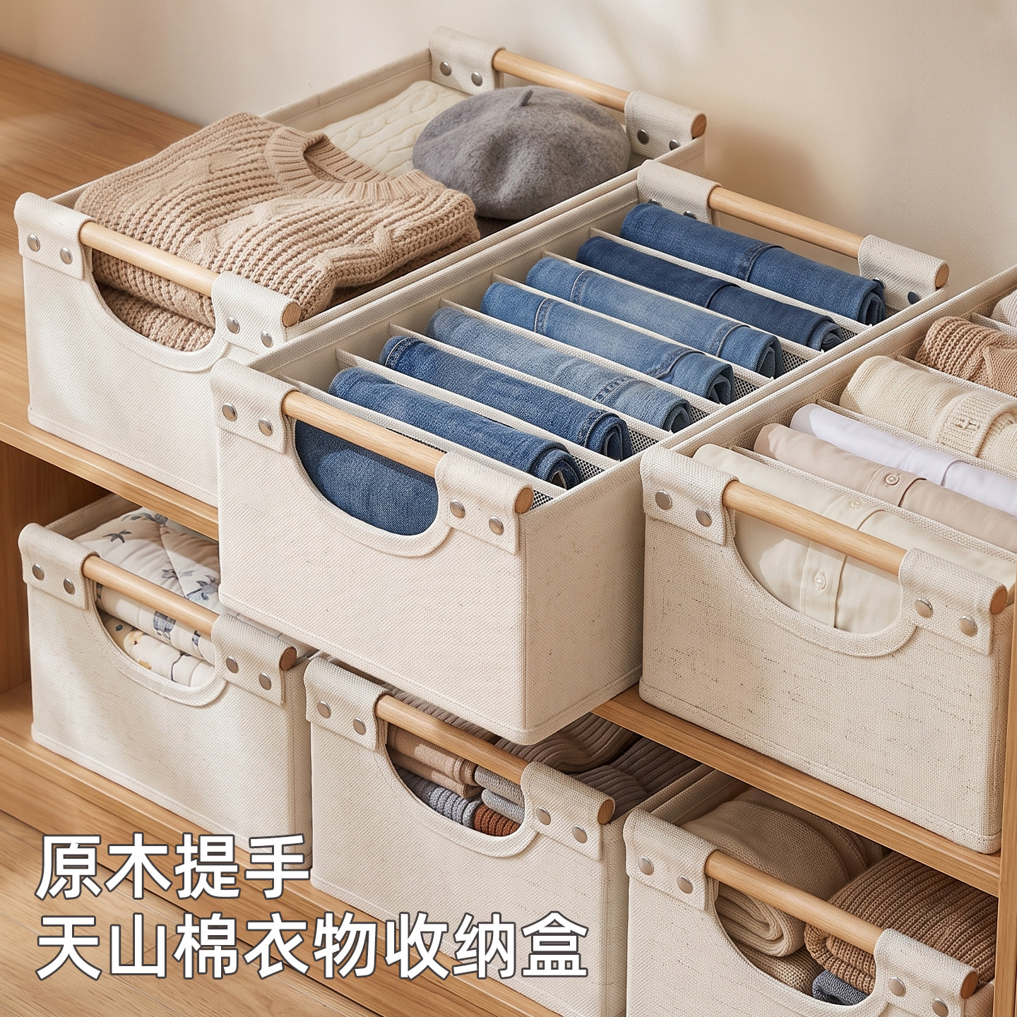日本原木风木提手收纳盒可分格儿童衣物百纳箱裤子T恤衣服收纳筐图片