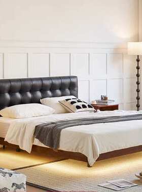 实木华夫格真皮床齐边双人床1.8米黑色皮艺主卧小户型感应悬浮床