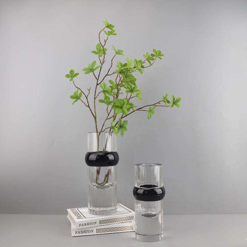 北欧简约几何圆筒黑圈透明水晶花瓶摆件客厅餐厅卧室软装家居饰品