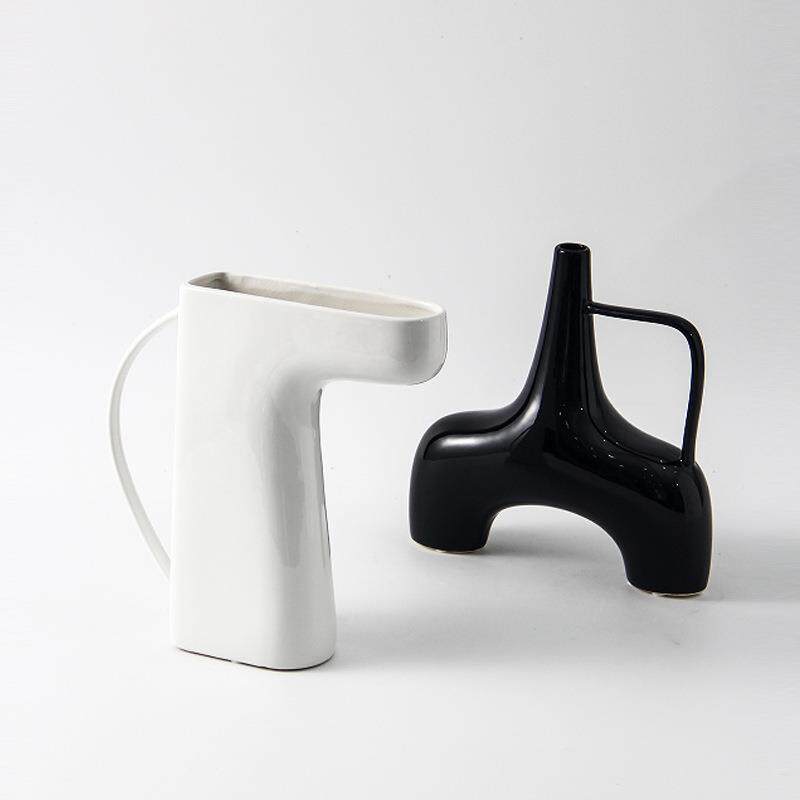 简约现代个性带耳高温陶瓷花瓶摆件餐厅样板间软装插花器饰品摆件