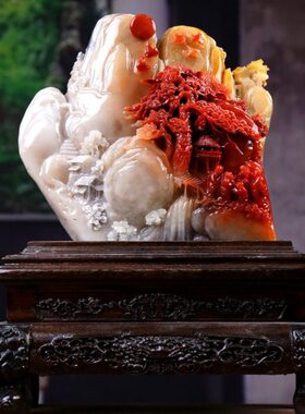 家里原石人湘崎雀工艺品玄关装饰俏色寿山石雕刻摆件品收藏山客厅