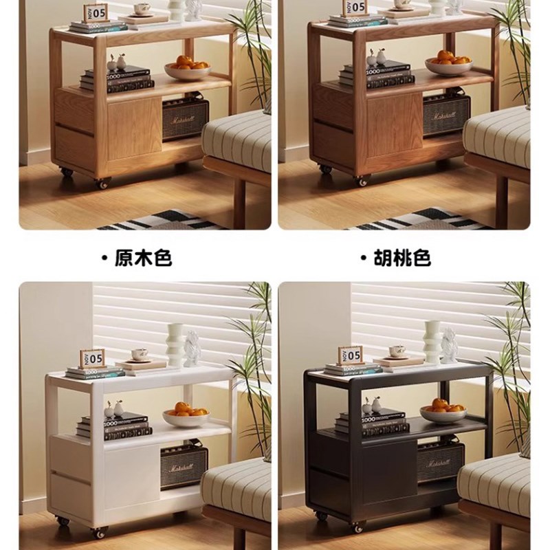 原木风移动边柜岩板n小推车边几床头柜储物置物架带轮小户型实木