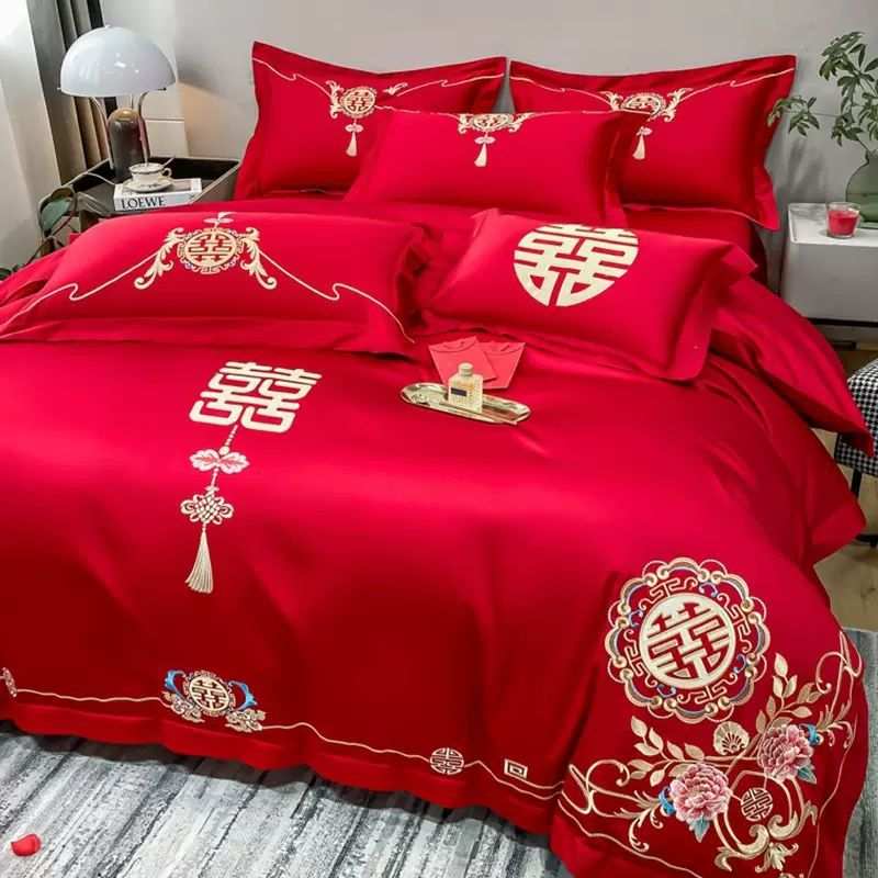 婚庆四件套大红色刺绣被套喜庆床上用品床单床笠套件