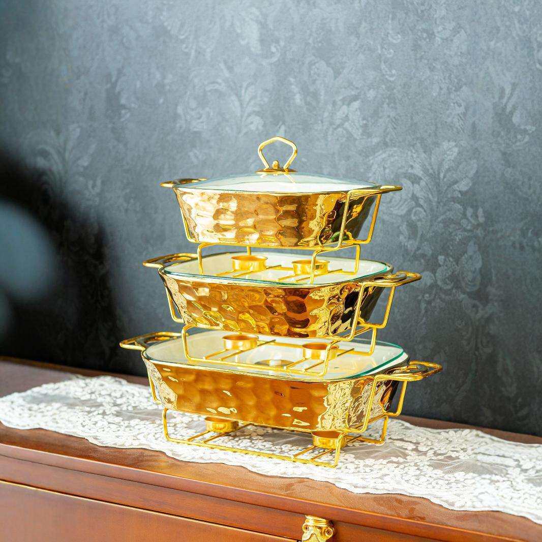 casserole金色石头纹烤盘长方形陶瓷烤盘加热干汤锅bake