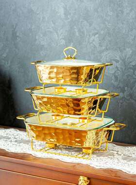 casserole金色石头纹烤盘长方形陶瓷烤盘加热干汤锅bake ware