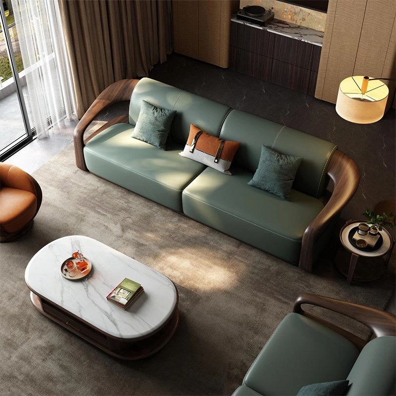 新中式黑胡桃木实木m沙发别墅大坪数客厅极简轻奢高端会所真皮沙