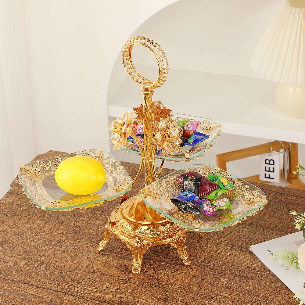 轻奢创意手工绘制描金家用客厅酒店茶几多层欧式钢化玻璃水果盘