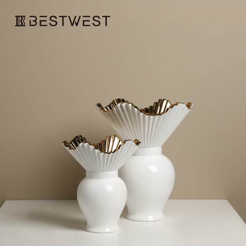 Best west 珠光白轻奢荷叶边陶瓷大肚花瓶家居玄关客厅桌面花器