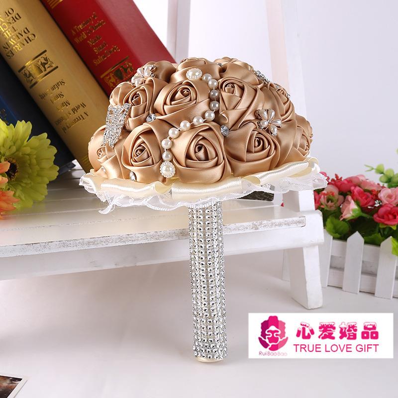 心爱婚品结婚手捧花新款奢华镶钻手柄珍珠花边韩式手捧花手捧花