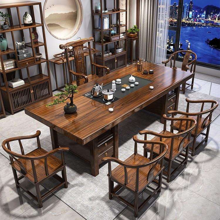 大板实木原木茶桌椅组合一桌五椅新中式茶几办公室家用泡茶台一体