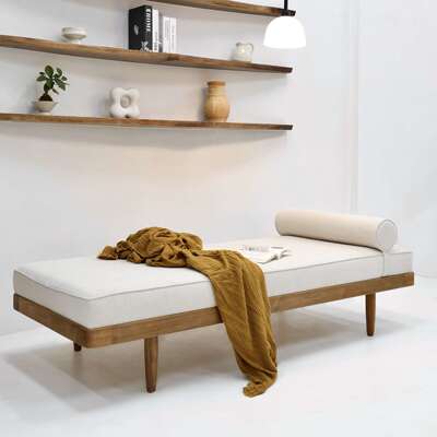 中古风缅甸柚木daybed床实木布艺单人沙发床书房休息床