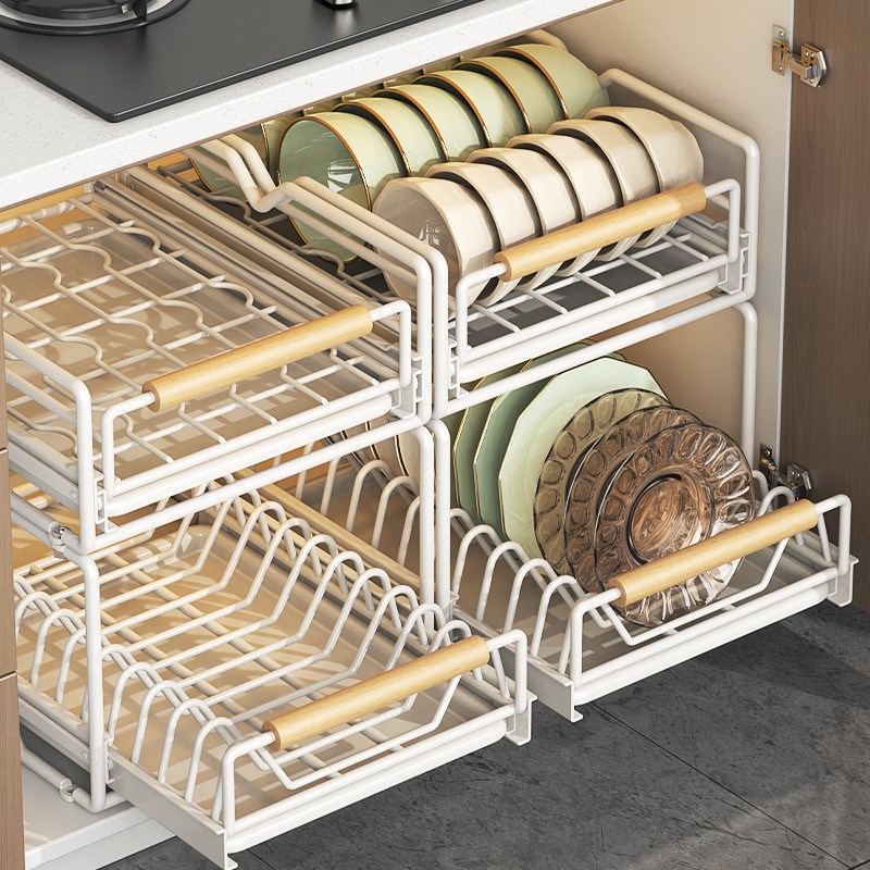 厨房碗碟收纳架橱柜内置抽屉式拉篮置物架抽拉放X碗架盘子沥水