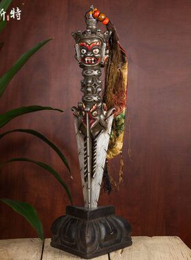 尼泊尔手工全铁普巴金刚宝杵 五股金刚宝橛含底座工艺品装饰摆件