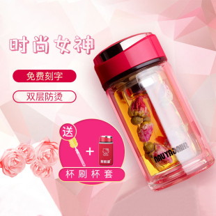 双层隔热保温玻璃杯女士便携杯子时尚 泡茶水杯子优雅迷Z你简约茶