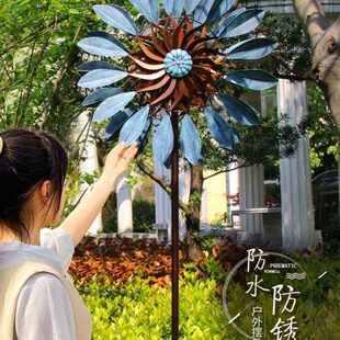 转旋转铁艺风车户外别墅楼布置花园装 饰造景庭院落地摆件盘双面动