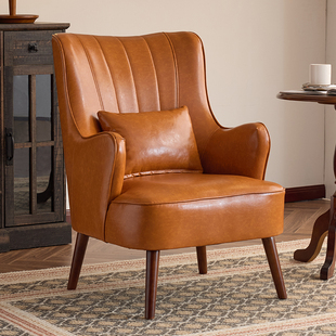 中古风单人沙发小户型客厅卧室阳台油蜡皮休闲单椅懒人Z沙发老虎