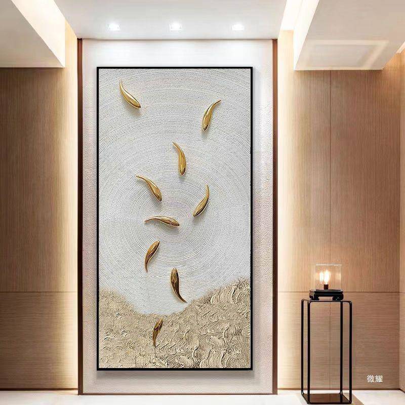 【折扣价】手绘九鱼图轻奢玄关装饰画寓意好简约客厅立体画竖版入图片