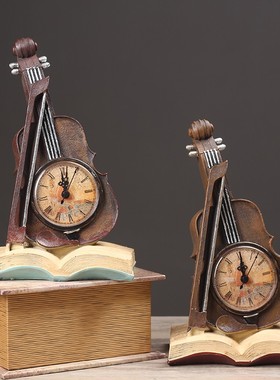装饰钟摆件创意复古小提琴钟表客厅咖啡厅办公桌桌面座钟摆设品