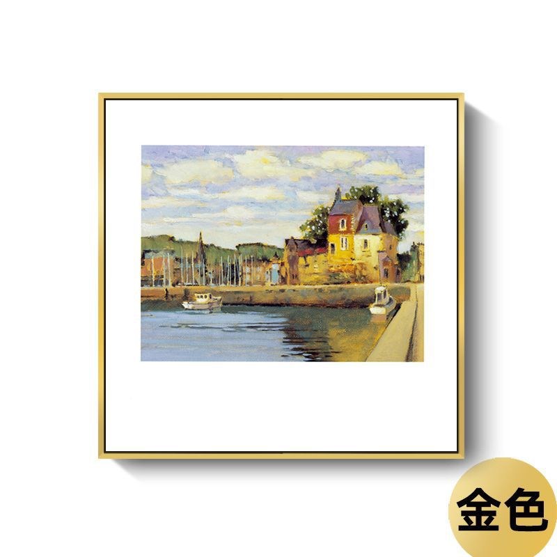 现代简约装饰画欧式建筑湖面小船风景油画轻奢装饰画玄关客厅挂画图片