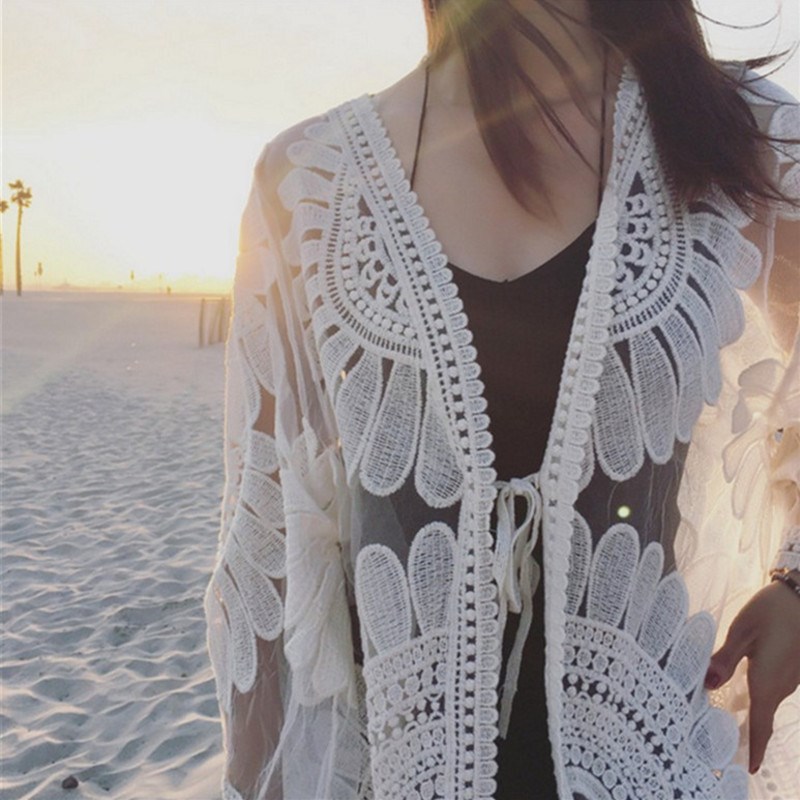 夏季镂空蕾丝罩衫女薄款防晒衫长款披肩开衫针织外搭宽松长袖外套