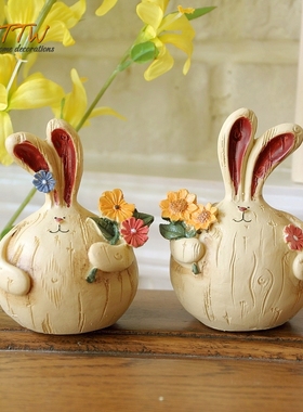 美式乡村 仿木纹可爱胖胖兔一对家居装饰品工艺摆设