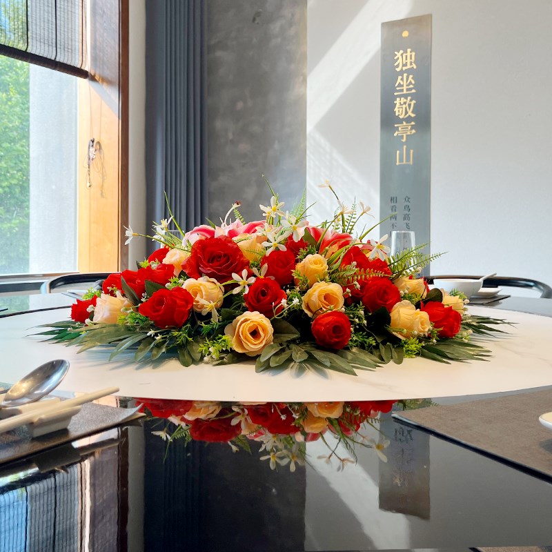 酒店包厢大圆桌装饰花绢花仿真台花圆桌中间摆花餐桌转盘假花摆件