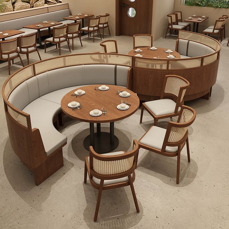实木卡座沙发定制藤编东南亚主题餐厅餐饮咖啡茶楼西餐厅桌椅组合