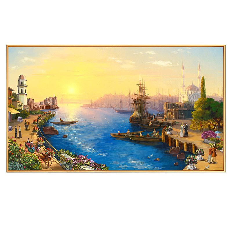 美式沙发背景墙客厅装饰画建筑夕阳风景欧式书房大气轻奢壁画挂画图片