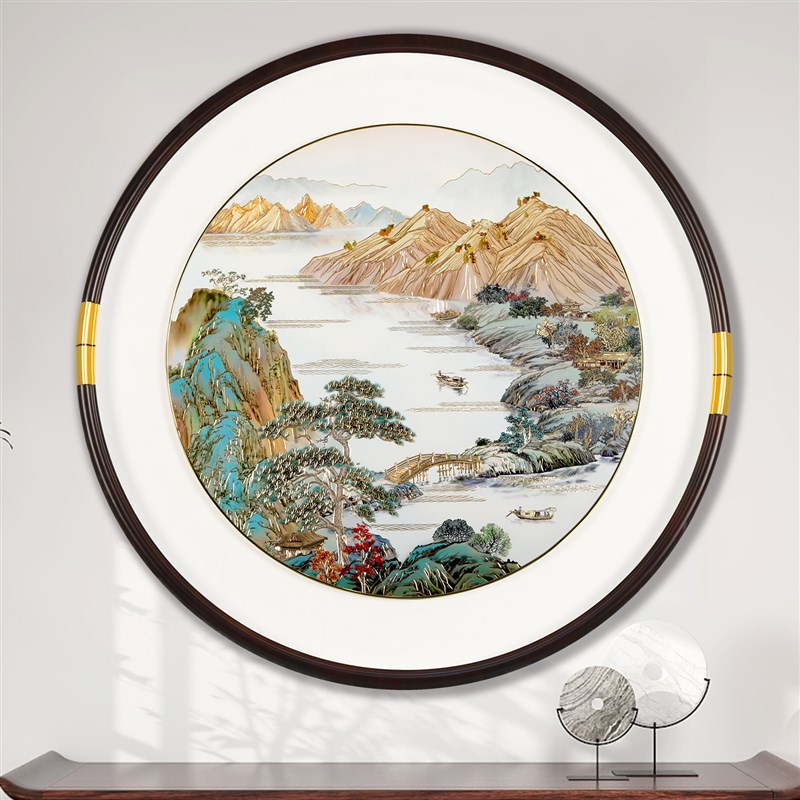 入户玄关圆形铜雕装饰画走廊楼梯过道壁画中式客厅餐厅手工灯光画图片