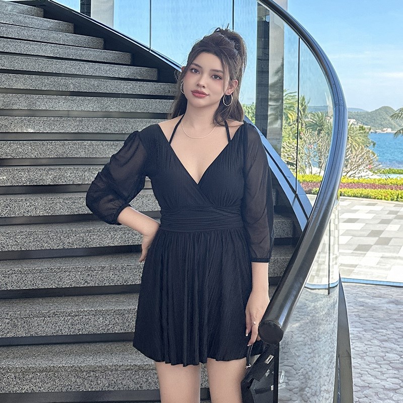 泳衣女连体裙式大码微胖性感深V露背遮肚肉显瘦钢托聚拢温泉泳装