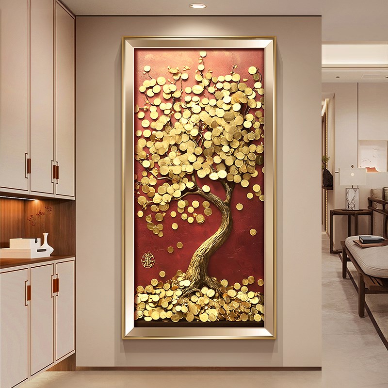 发财树玄关装饰画新中式摇钱树走廊挂画轻奢高档金币入户竖版壁画图片
