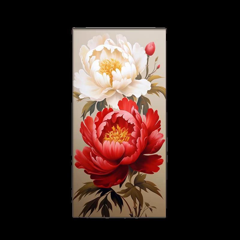 牡丹花玄关装饰画进门简约新中式大气高档壁画走廊过道花开富贵画图片