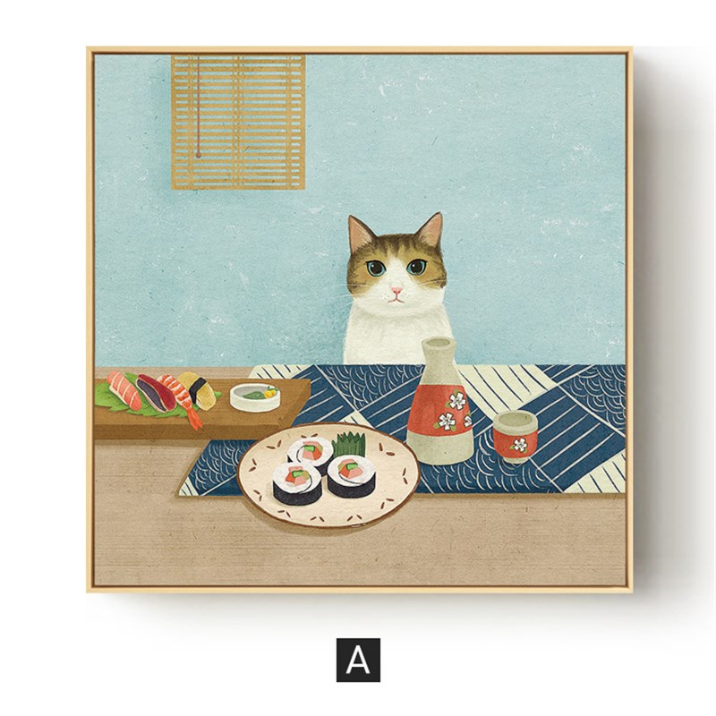 美食暖居 日式风格客厅装饰画可爱猫咪餐厅背景墙挂画正方形壁画图片