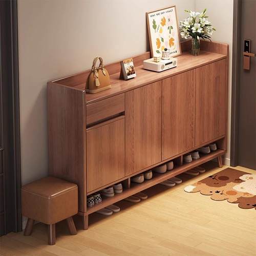 入户鞋柜收纳柜一体靠墙进门玄关柜大容量多层防尘储物实木色鞋架