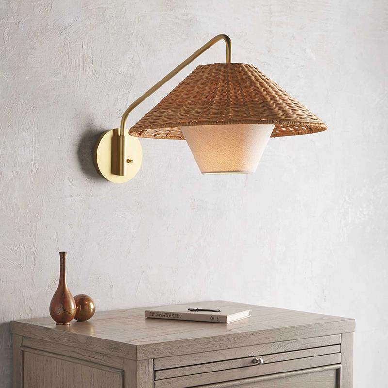 日式藤编壁灯复古卧室床头民宿酒店墙壁过道藤艺摇臂式轻奢氛围灯