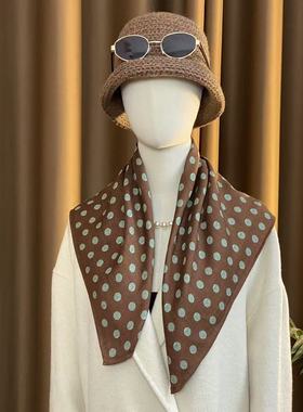 桑蚕丝羊毛【棕绿波点】60丝毛方巾双面异色丝毛丝巾K672