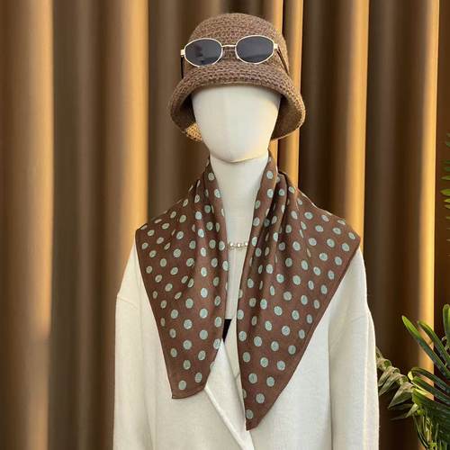 桑蚕丝羊毛【棕绿波点】60丝毛方巾双面异色丝毛丝巾K672