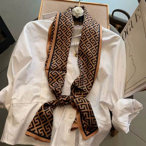 100%桑蚕丝【咖色G字母】145x16cm长飘带双层真丝丝巾女理G538