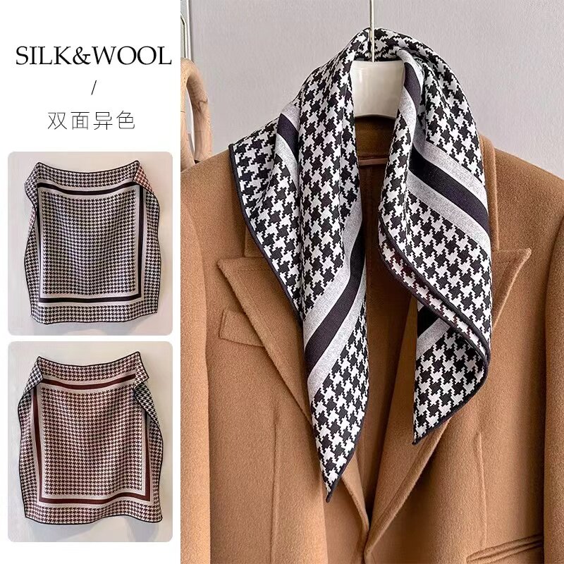 桑蚕丝羊毛【双面千鸟格】60丝毛方巾双面时尚女士气质丝巾K611