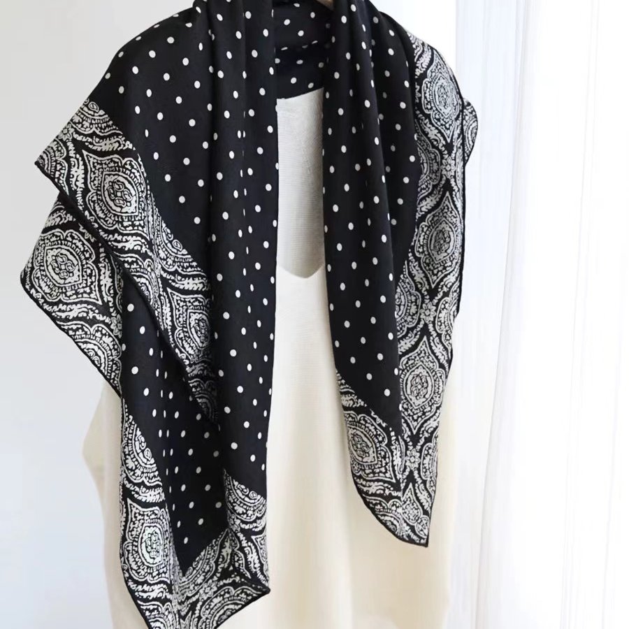 桑蚕丝羊毛【黑白波点】130丝毛方巾双面时尚女士丝巾N706