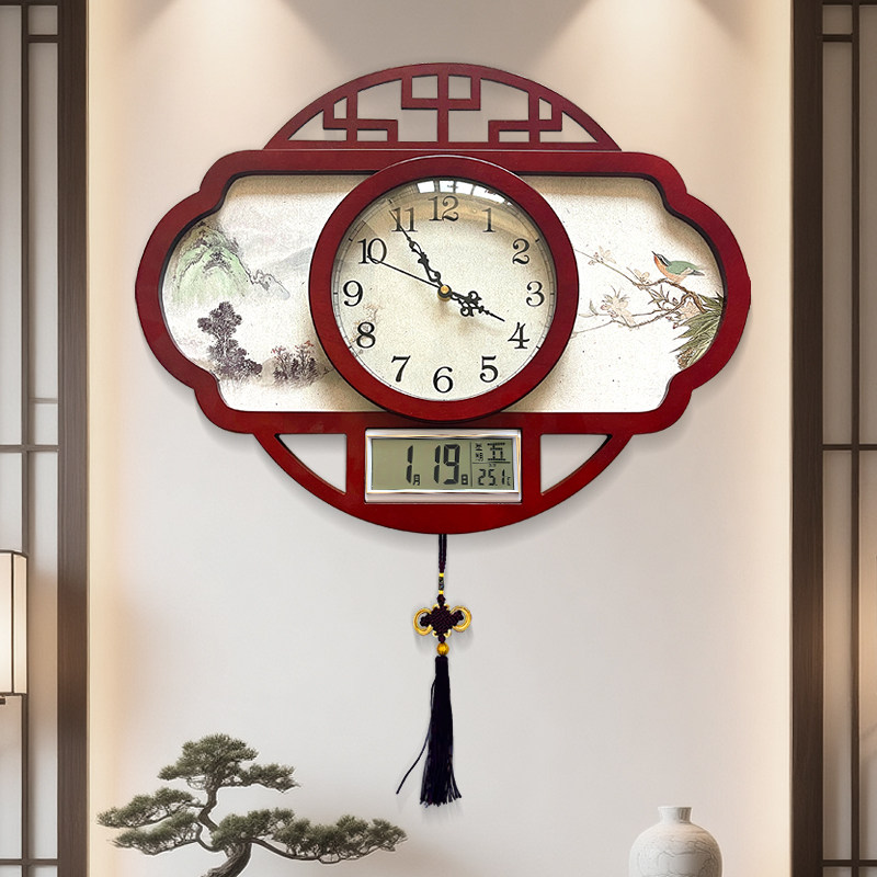 新中式古典挂钟客厅复古中国风万年日历钟表家用时钟饰创意石英钟
