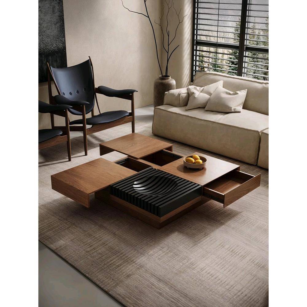 意式复古风北美黑胡桃实木茶几客厅可储物正方形中古风小户型茶几