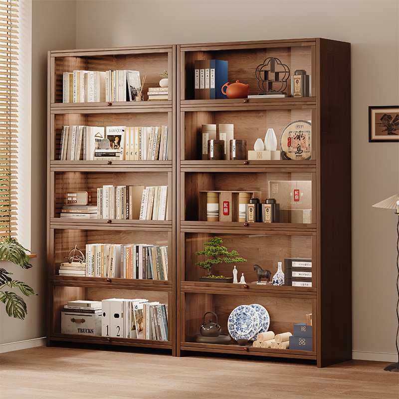 防尘书柜带门胡桃木色实木书架置物架落地家用柜子储物柜一体靠墙,模玩/动漫/周边/娃圈三坑/桌游,模型制作工具/辅料耗材,淘宝优惠券,粉丝福利购,淘宝优惠卷